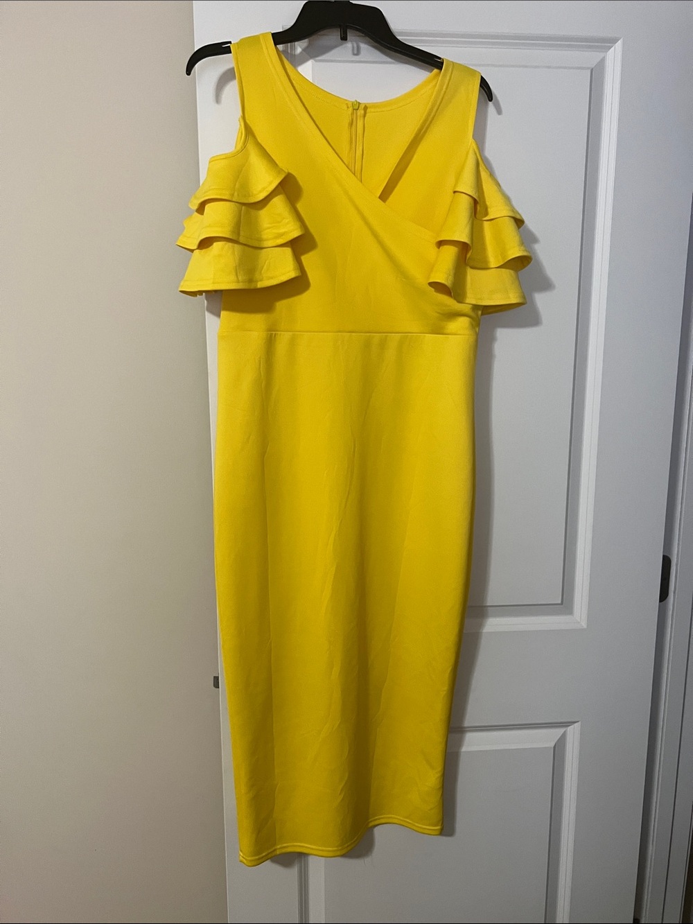 Yellow Cold-Shoulder Ruffle Midi Dress